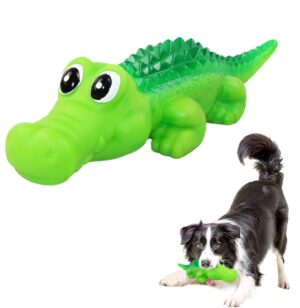 Sage Square Dog Squeaky Chew Toys for Aggressive Chewers Dental Teething Cleaning [Non-Toxic Soft Natural Rubber], Cute Crocodile Design (Colour May Vary)