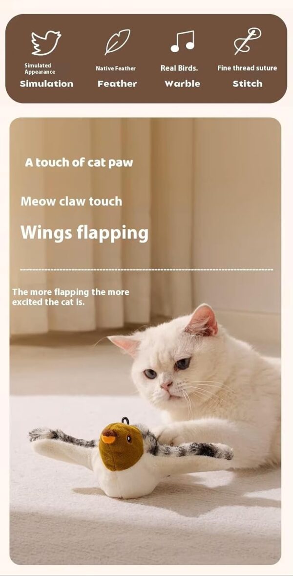 Flapping Wings Chirping Bird Toy for Cats, Puppies, Kittens | Rechargeable, Touch Activated Motion Sensor On/Off, Elastic Cord Hanging Dancing Sparrow Bird Toy (No Flying)