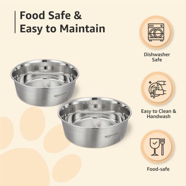 Amazon Basics Heavy Dog Bowl | Large Stainless Steel Food Bowl for Dogs, Cats and Pets (Pack of 2 x 1600 ml)