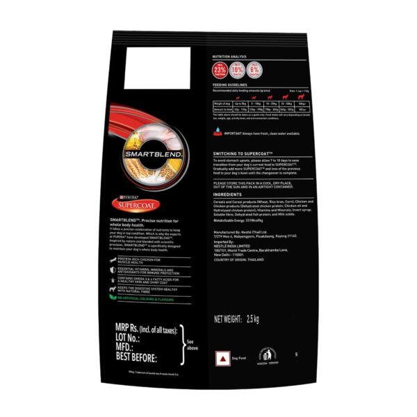 61hXHVFhFrL._SL1200_.jpg SUPERCOAT Purina Adult Dry Dog Food, 1+ Years, with Chicken, Smartblend Precise Nutrition for Whole Body Health, No Artificial Colours & Flavours, 2.5Kg, Bag