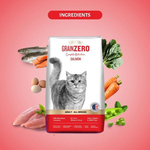 61hpWOTakPL._SL1000_.jpg Grain Zero Adult Dry Cat Food 1.2kg + 75g Creamy Treat (Free) | Salmon | 48% Fresh Fish Inclusion, No Grain Formula, No Gluten | Promotes Healthy Skin & Coat | All Breeds