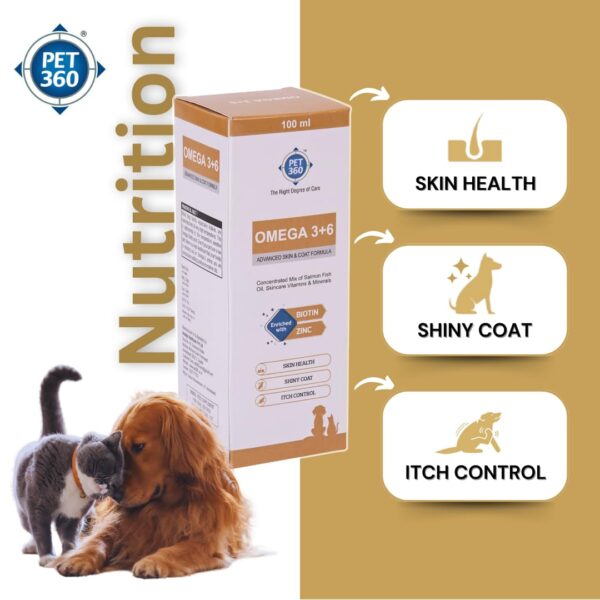 Omega 3+6 Concentrated Salmon Fish Oil for Dogs & Cats with Vitamins & Minerals | Shinier Coat, Itch & Allergy Control | Improves Skin & Hair Health | Nutritional Supplement for Pets - 100 ml