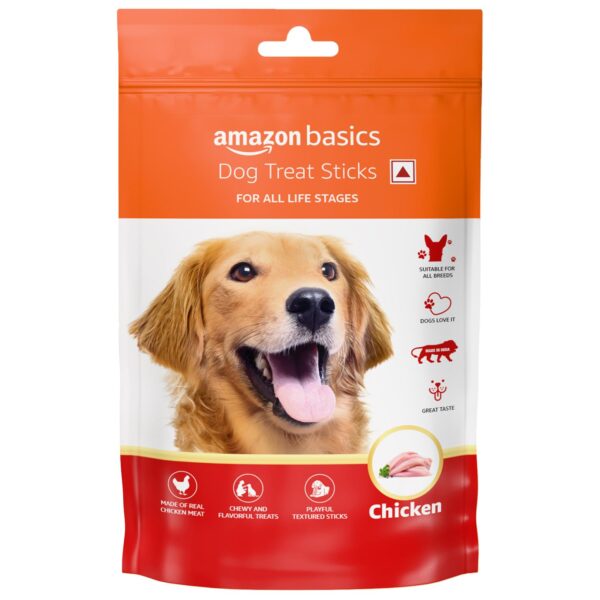Amazon Basics Dog Treat Sticks 140 gm, Chewy Meat Sticks Amazon Basics Dog Treat Sticks 140 gm, Chewy Meat Sticks for Adult Dogs and Puppies, High Protein Dog Treats for Training and Snacks, Made of Real Chicken Meat, Ziplock Pack, Chicken Flavor