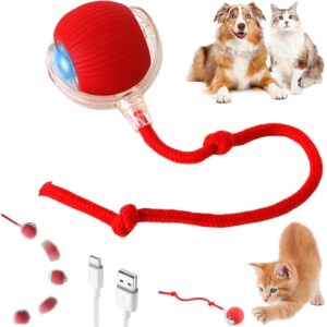 Automatic Rolling Cat Ball Toy, 2-Speed Modes, Teasing Tail & Automatic Rolling Cat Ball Toy, 2-Speed Modes, Teasing Tail & Bell Charm, Interactive Self Play Chasing Silicone Ball Toy for Indoor Cats
