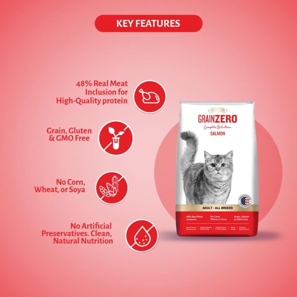 61l3WSx38zL._SL1000_.jpg Grain Zero Adult Dry Cat Food 1.2kg + 75g Creamy Treat (Free) | Salmon | 48% Fresh Fish Inclusion, No Grain Formula, No Gluten | Promotes Healthy Skin & Coat | All Breeds