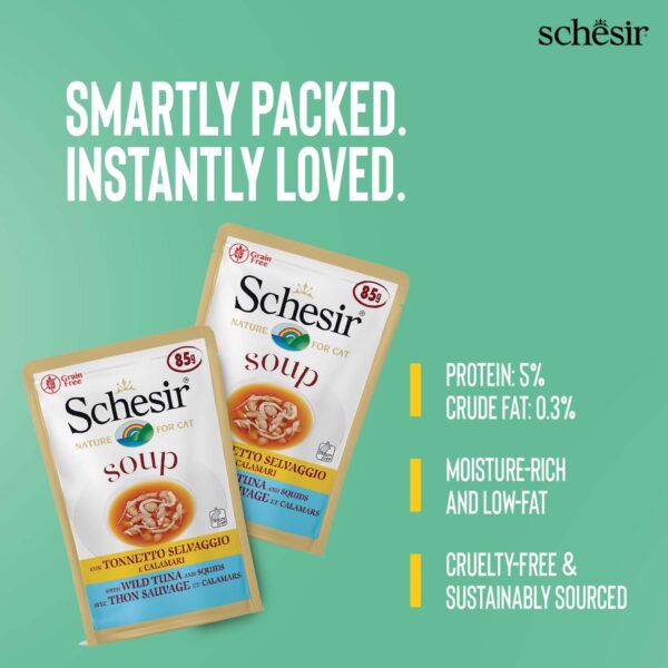 Schesir Soup with Wild Tuna & Squid – Premium Natural Cat Wet Food | Protein-Rich, Omega-3 for Skin & Coat, Easy to Digest, Grain-Free, No Additives, 85g