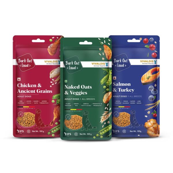Bark Out Loud by Vivaldis Adult Dry Dog Food Combo- Bark Out Loud by Vivaldis Adult Dry Dog Food Combo- Naked Oats and Veggies, Salmon and Turkey, and Chicken & Ancient Grain - Rich in Protein, Pet Nutrition with Nutrients and Herbs (100 gm, Pack of 3)