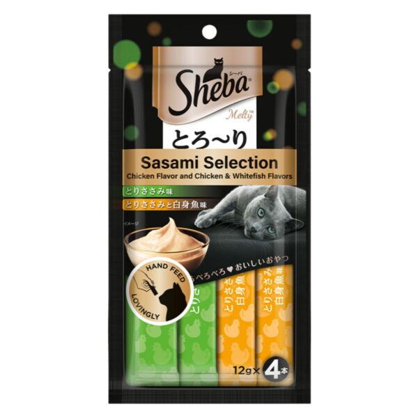 Sheba Melty Premium Lickable Creamy Cat Treats, Sasami Selection Chicken & Chicken & Whitefish Flavors, 4 Packs x 12g, (48g) Creamy Treats for Bonding, All Life Stages
