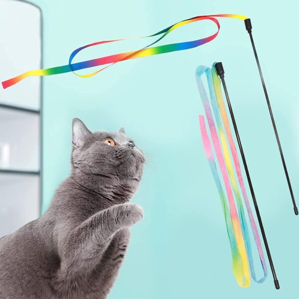 61rPSvaVxoL._SL1000_.jpg Qpets® 2 Pcs Cat Rainbow Wand Toys,Satin & Elastic Teaser for Kittens & Adult Cats - Indoor Exercise, Fun Games, Stress Relief