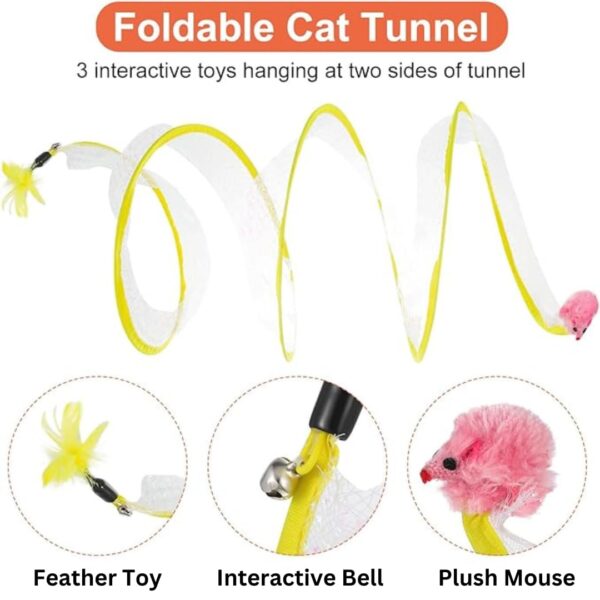 Foldable Tunnel Cat Toy, Stress-Relieving Fun Interactive Toy, Collapsible Donut Tunnel with Bell, Feather, Colorful Mice, and 4 pcs Spiral Spring Toy for Small, Medium Cat- Yellow