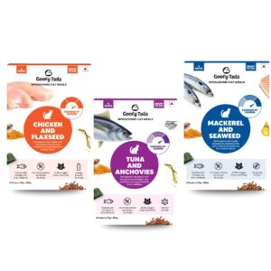 Goofy Tails Wet Cat Food and Kitten Food 3 Combo, 1050g (15 Pouches x 70g), Tuna and Anchovies, Mackerel and Seaweed, Chicken and Flaxseeds, Preservative Free, Wholesome, Natural Cat Wet Food