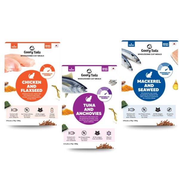 Goofy Tails Wet Cat Food and Kitten Food 3 Combo, Goofy Tails Wet Cat Food and Kitten Food 3 Combo, 1050g (15 Pouches x 70g), Tuna and Anchovies, Mackerel and Seaweed, Chicken and Flaxseeds, Preservative Free, Wholesome, Natural Cat Wet Food