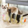 Foldable Tunnel Cat Toy, Stress-Relieving Fun Interactive Toy, Collapsible Donut Tunnel with Bell, Feather, Colorful Mice, and 4 pcs Spiral Spring Toy for Small, Medium Cat- Yellow