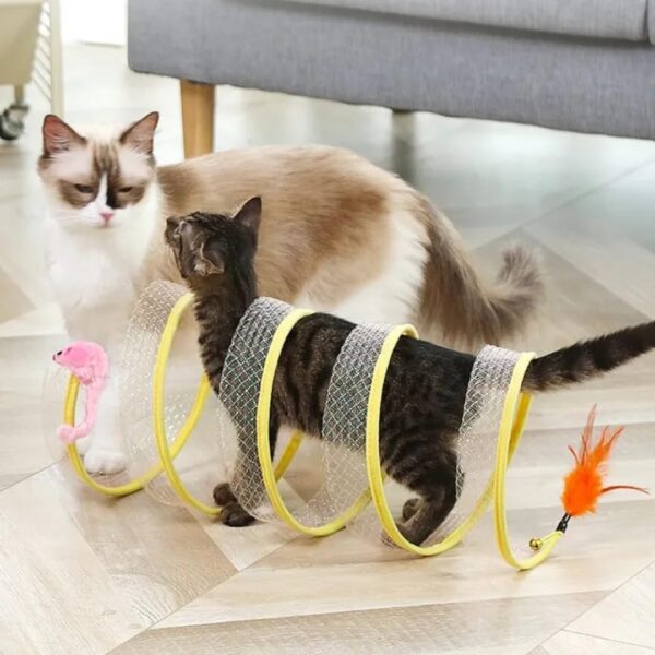 Foldable Tunnel Cat Toy, Stress-Relieving Fun Interactive Toy, Collapsible Donut Tunnel with Bell, Feather, Colorful Mice, and 4 pcs Spiral Spring Toy for Small, Medium Cat- Yellow