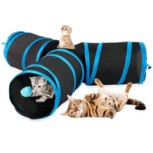 Foodie Puppies Interactive Foldable Hiding 3-Way Cats Tunnel with Hanging Ball (Blue, T-Shape Tunnel) | Maze Toy, Puzzle & Training Cave Suitable for Cat, Kitten, Rabbit, Guinea Pig & Puppies