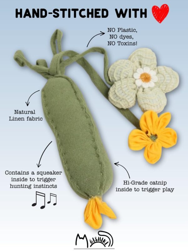 GISHIKI Catnip Infused Zucchini Cat Toy – Handstitched Natural Linen with Premium Catnip & Squeaker | Lightweight for Batting, Tossing & Carrying | Interactive Hunting Play Enrichment – 28 cm
