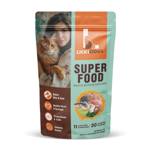Cat Super Food Topper 70g | Powdered Cat Dry Food Supplement | with Taurine, Fish Oil, Chicken, Spirulina & Flaxseeds | Shiny Coat, Healthy Heart, Eyesight, Immunity, Teeth, Strong Bones