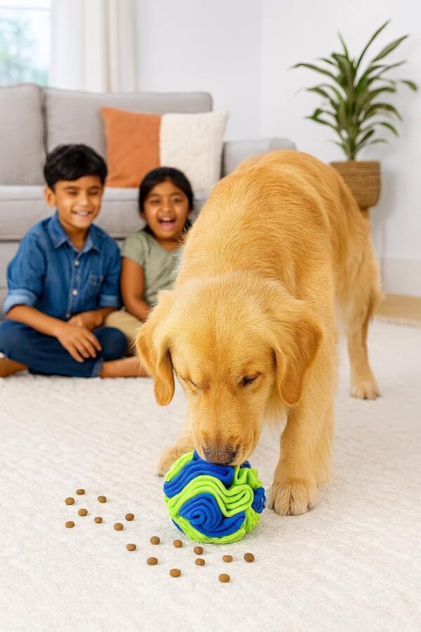 71-JeqiFBvL._SL1500_.jpg The Pets Company Snuggle Snuffle Dog Feeder Ball – Interactive Puzzle Toy for Dogs, Mental Stimulation, Anxiety Relief, Slow Feeding, Machine Washable, Treat Dispenser, Multicolor - 6 Inches