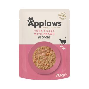 Applaws Natural Premium Wet Cat Food for Adult Cats, Tuna Applaws Natural Premium Wet Cat Food for Adult Cats, Tuna Fillet with Pacific Prawns in Broth Pack of 4 x 70g Pouches
