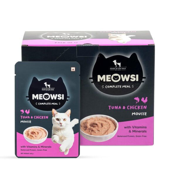 Meowsi by HUFT Tuna & Chicken Mousse Cat Wet Food - 80 gm | Pack of 6 | Soft & Tasty Meal for Persian & All Breeds | Protein-Rich, Hydrating & Easy to Digest | Supports Growth & Overall Health