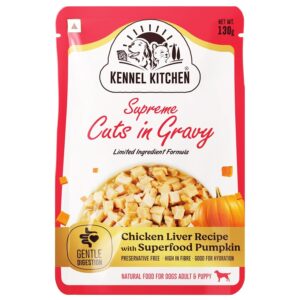 Kennel Kitchen Supreme Cuts in Gravy, Chicken Liver Recipe with Kennel Kitchen Supreme Cuts in Gravy, Chicken Liver Recipe with Pumpkin, 130g (Pack of 12) | Wet Dog Food Gravy for Adult & Puppy | Limited Ingredient Chunks High in Fibre & Good for Hydration