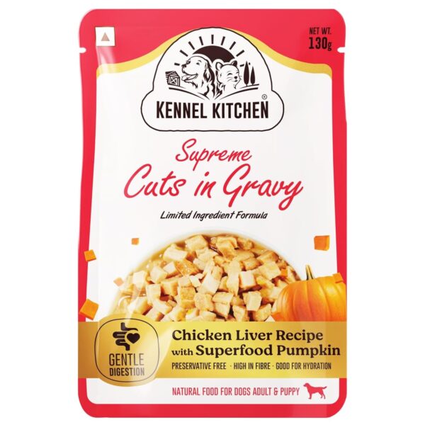 Kennel Kitchen Supreme Cuts in Gravy, Chicken Liver Recipe with Pumpkin, 130g (Pack of 12) | Wet Dog Food Gravy for Adult & Puppy | Limited Ingredient Chunks High in Fibre & Good for Hydration