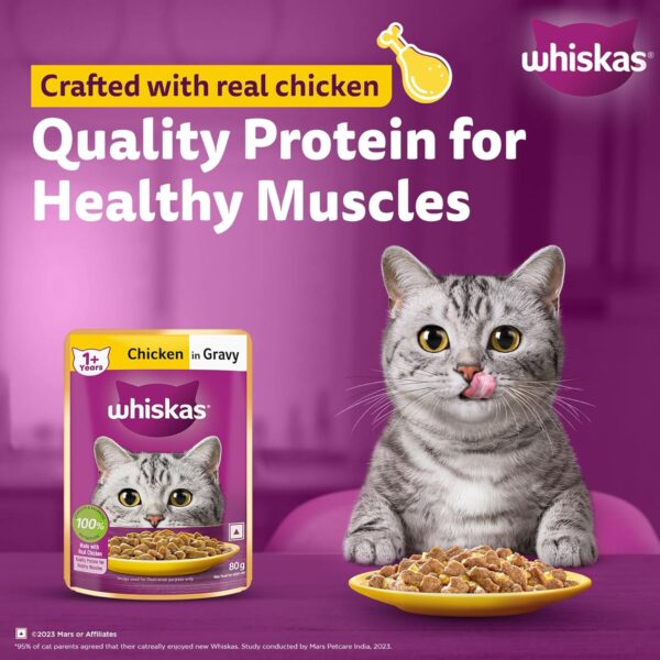 715kq3gwFKL._SL1500_.jpg Whiskas Adult (1+ Years) Wet Cat Food, Chicken in Gravy, 80 g (Pack of 14), Hydrating Food Made With Real Chicken, 100% Complete & Balanced Nutrition for Adult Cats
