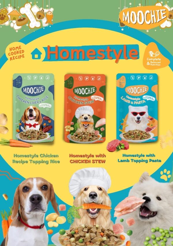PETS EMPIRE Moochie Homestyle Wet Dog Food (120g X 6) Grain Free Gavy Meal, Variety Pack with Lamb Topping Pasta, Chicken Recipe Topping Rice & Chicken Stew, High Protein Gravy Foods for Adult Dogs