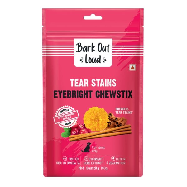 BARK OUT LOUD By Vivaldis - Tear Stains Eyebright Chewstix BARK OUT LOUD By Vivaldis - Tear Stains Eyebright Chewstix Stick For All Life Stages Dog | Active Marigold Extract, Rich In Omega Fa For Dog, 100 Gm Dog Treats