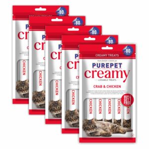 PUREPET Creamy Cat Lickable Treats, Crab & Chicken, Pack of 5 X 75 G, Total 375 G,All Life Stages