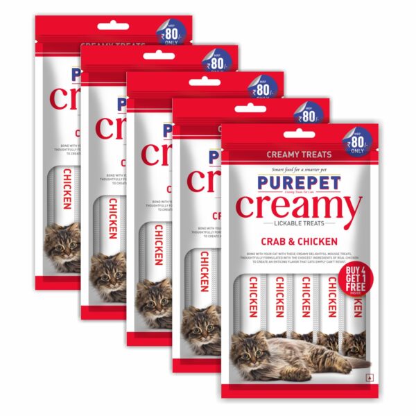 PUREPET Creamy Cat Lickable Treats, Crab & Chicken, Pack of 5 X 75 G, Total 375 G,All Life Stages