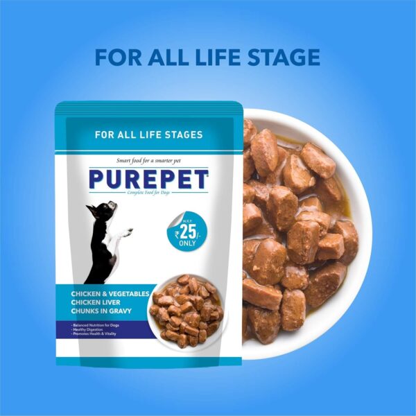 Purepet Gravy Chunks Wet Dog Food Chicken and Vegetable Flavour, Pack of 15 (15 x 70g), 1050g, All Life Stages