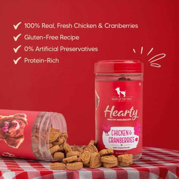 Hearty by Heads Up for Tails - Chicken & Cranberries Dog Biscuits for Adult Dogs & Puppies | Chicken Biscuits, Protein-Rich & Gluten-Free | No Artificial Preservatives | 320 gm