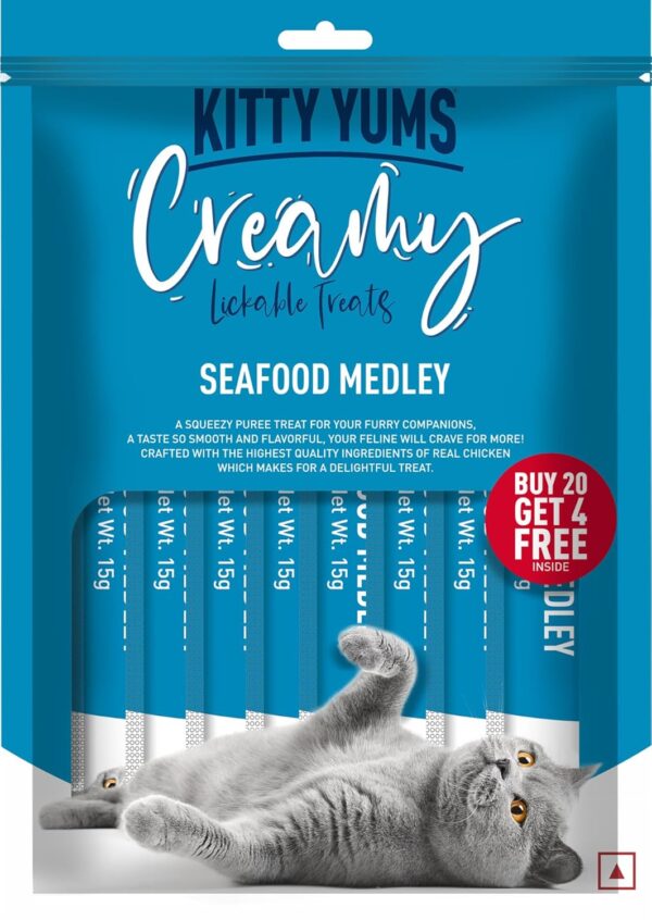Kitty Yums Creamy Lickable Cat Treats,Seafood Medely 360Gm(15g x24 Pcs)| Rich in Protein,Taurine for Heart & Vision,Ideal for Training and Bonding, Promotes Hydration|Treats for Kitten and Adult Cat