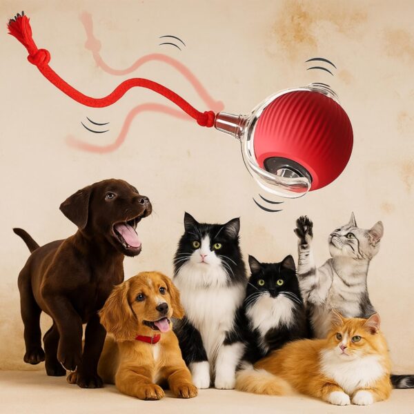 Interactive Rechargeable Smart Pet Chase Ball – Automatic Rolling Toy with Speedy Tail Rope for Bored Cats & Small Dogs (Colour May Vary)
