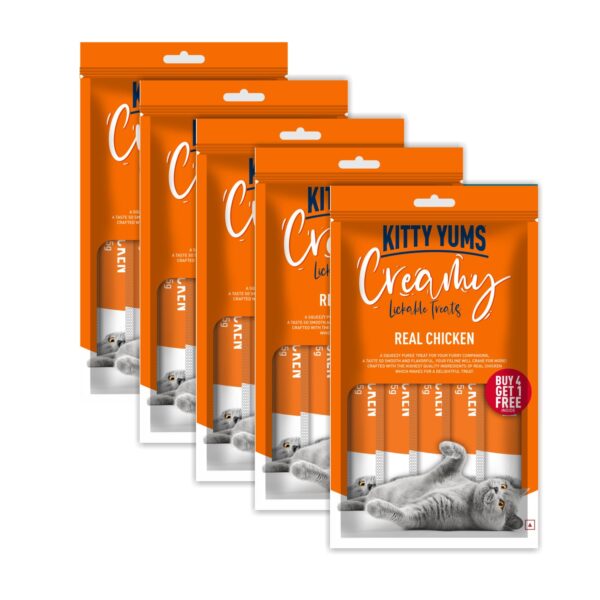 Kitty Yums Creamy Lickable Cat Treat, Real Chicken Flavour(75g x 5 Sticks, 375g) Pack