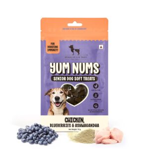 Heads Up For Tails Yum Nums Chicken,Blueberries & Ashwagandha Soft Heads Up For Tails Yum Nums Chicken,Blueberries & Ashwagandha Soft Treat for Senior Dog|High in Proteins|Gluten & Grain Free|Salt & Sugar Free|No Artificial Colours|Farm-Fresh - 70 Gm,Tablet