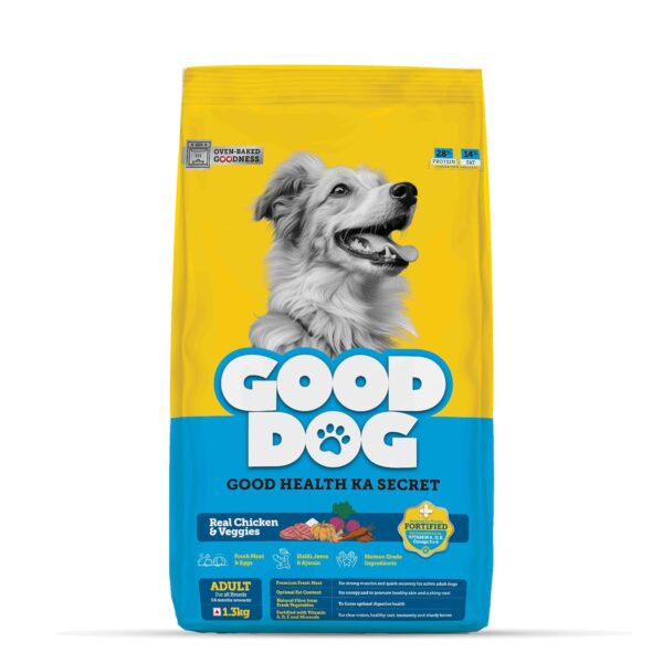 Good Dog Adult Dry Dog Food | Oven Baked | Good Dog Adult Dry Dog Food | Oven Baked | Real Chicken & Eggs | 1.3 Kg | High-Protein | High Palatability | Nutritionally Formulated with Vitamins & Minerals | Indian Herbs | Suitable for All Breeds