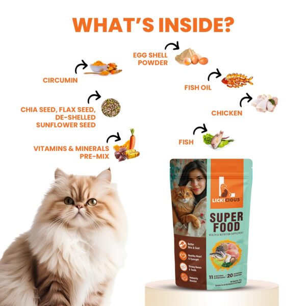 Cat Super Food Topper 70g | Powdered Cat Dry Food Supplement | with Taurine, Fish Oil, Chicken, Spirulina & Flaxseeds | Shiny Coat, Healthy Heart, Eyesight, Immunity, Teeth, Strong Bones