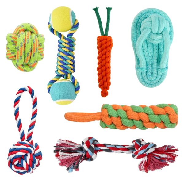 emily pets Dog Chew Rope Toys Pack of 7 Combo for Dogs & Puppies Ball Dual-Tennis Knotted Chewing Dog Toy for Playing, Teeth Cleaning & Training (Color As Vary, Pack 7)