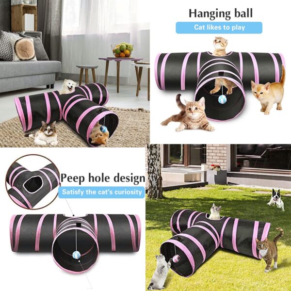 Cat Tunnel Kitten Dog Rabbits Cat Interactive Toy Play Toy Foldable Pet Cat Toy with Ball Tunnel (3 Way, Pink),for kid