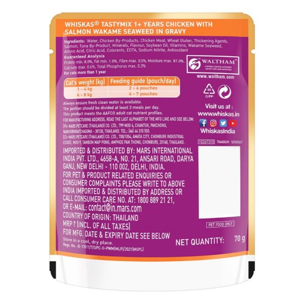 71IK9jWYNL._SL1100_.jpg Whiskas Tasty Mix Adult (1+ Year) Wet Cat Food, Chicken with Salmon Wakame Seaweed in Gravy, 70 g, Cat Food Made with Real Fish, Complete & Balanced Nutrition for Adult Cats