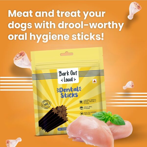 71In9yTY0hL._SL1500_.jpg BARK OUT LOUD- Dental Sticks Adult Dog Treats | Sugar/Gluten Free | Plaque Tartar & Odour Oral Care | Fresh Smell Chicken Dog Treats - 100 Gm