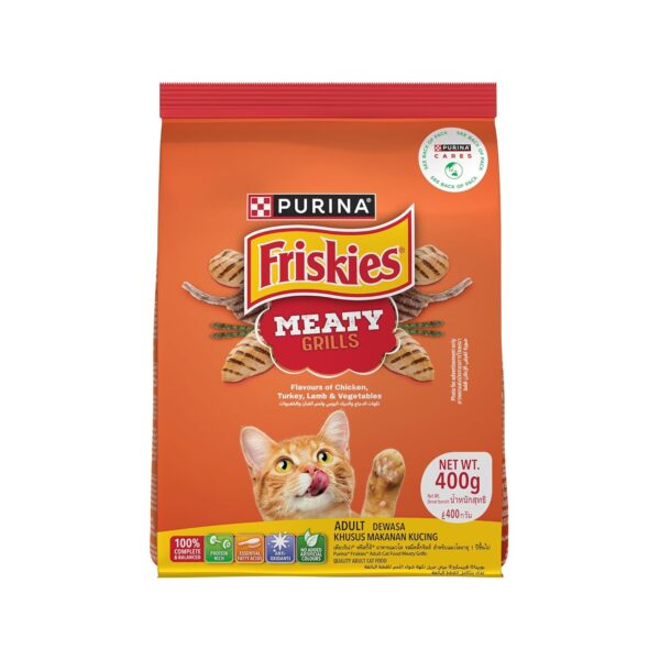 PURINA, Friskies Meaty Grills Adult Dry Cat Food, 400 g, PURINA, Friskies Meaty Grills Adult Dry Cat Food, 400 g, Contains Chicken, Turkey, Lamb and Vegetables Flavours