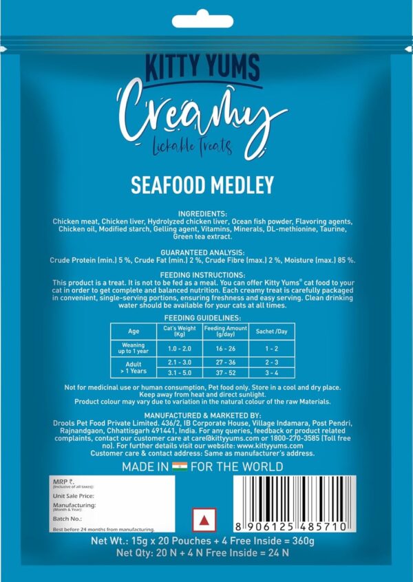 Kitty Yums Creamy Lickable Cat Treats,Seafood Medely 360Gm(15g x24 Pcs)| Rich in Protein,Taurine for Heart & Vision,Ideal for Training and Bonding, Promotes Hydration|Treats for Kitten and Adult Cat