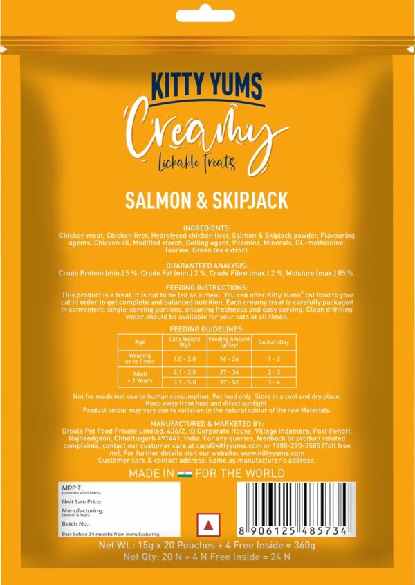 Kitty Yums Creamy Lickable Cat Treats,Salmon & Skipjack,360Gm(15g x24 Pcs)| Rich in Protein,Taurine for Heart,Ideal for Training and Bonding, Promotes Hydration|Treats for Kitten and Adult Cats
