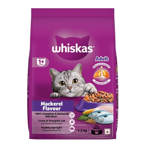Whiskas Adult (1+ Years) Dry Cat Food, Mackerel Flavour, 1.2 Whiskas Adult (1+ Years) Dry Cat Food, Mackerel Flavour, 1.2 kg, Contains 41 Essential Nutrients, Complete & Balanced Nutrition for Adult Cats