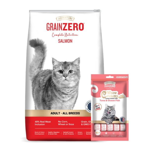 Grain Zero Adult Dry Cat Food 1.2kg + 75g Creamy Grain Zero Adult Dry Cat Food 1.2kg + 75g Creamy Treat (Free) | Salmon | 48% Fresh Fish Inclusion, No Grain Formula, No Gluten | Promotes Healthy Skin & Coat | All Breeds