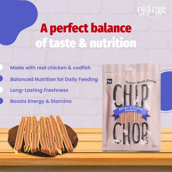 Chip Chops Chicken & Codfish Sandwich Dog Treats | Nutritious, High Protein, Easily Digestible Snack for Dogs | Healthy Fish & Chicken Treat for All Breeds, 70 gm
