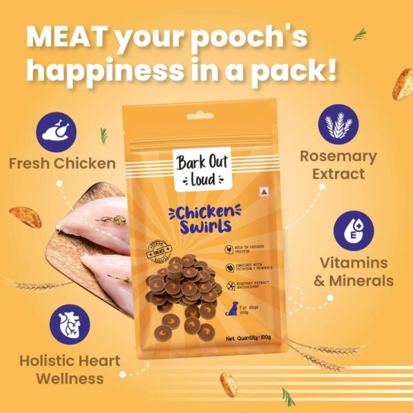 71OZ8kWM0HL._SL1500_.jpg BARK OUT LOUD By Vivaldis - Chicken Swirls Dog Treat Flake|Nutritious Ingredient Treats|Rich In Protein, Omega 3 Fatty Acids, Antioxidants For Dogs Of All Life Stages - 100 Gm, Pack Of 1
